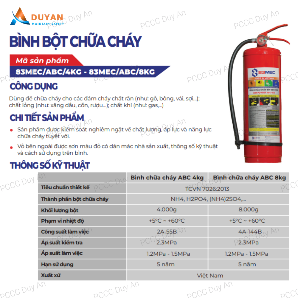 Bình bột chữa cháy ABC 8kg 83mec BQP 3