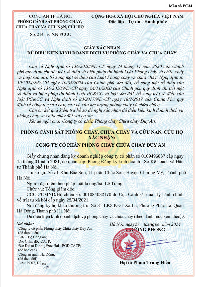 Giấy phép kinh doanh PCCC Duy An 01